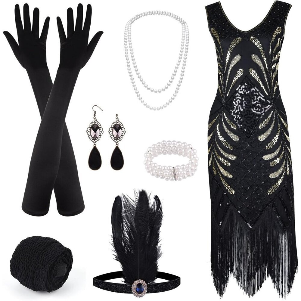 1920s Sequin Beaded Fringe Dress with Accessories V Neck Prom Party